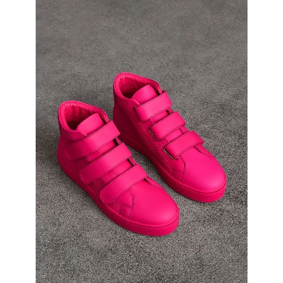 Burberry Perforated Check Leather High-top Trainers In Neon Pink