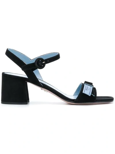 Prada Suede Block-heel Logo Flag Sandals In Black