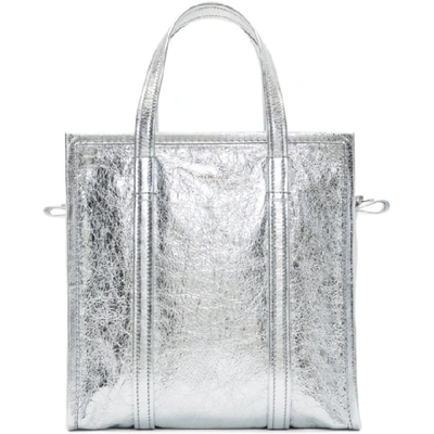 Balenciaga Bazar Shopper Small Aj Metallic Leather Tote Bag In Argento