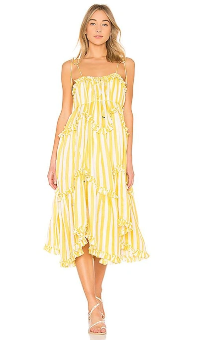 Zimmermann Lumino Asymmetric Ruffled Striped Linen Midi Dress In Yellow |  ModeSens