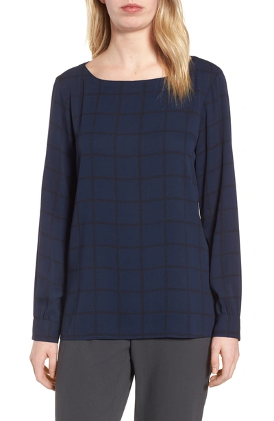 Eileen Fisher Drawn Plaid Silk Crepe Top In Midnight