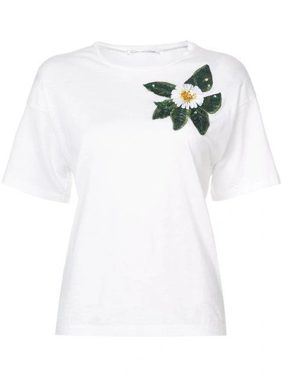 Oscar De La Renta Crewneck Short-sleeve T-shirt W/ Sequin Floral In White