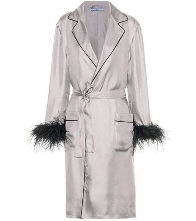 Prada Feather-trimmed Silk Dressing Gown In Pearl