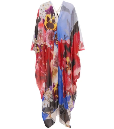 Roberto Cavalli Plunging Floral-print Chiffon Caftan Gown In Blue Floral