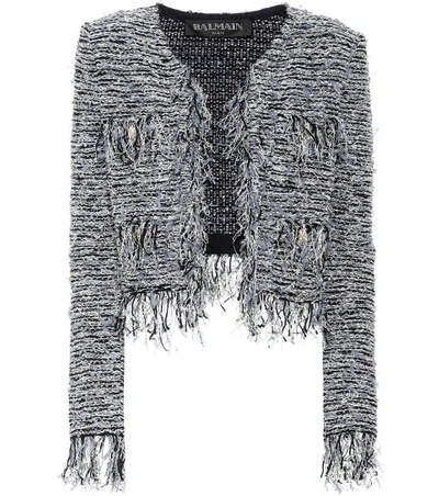 Balmain Fringed Jacket With Embossed Buttons In Blue