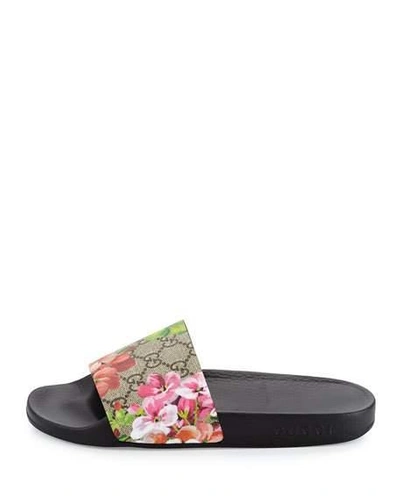 Gucci Multicolor Floral Gg Supreme Slides In Black