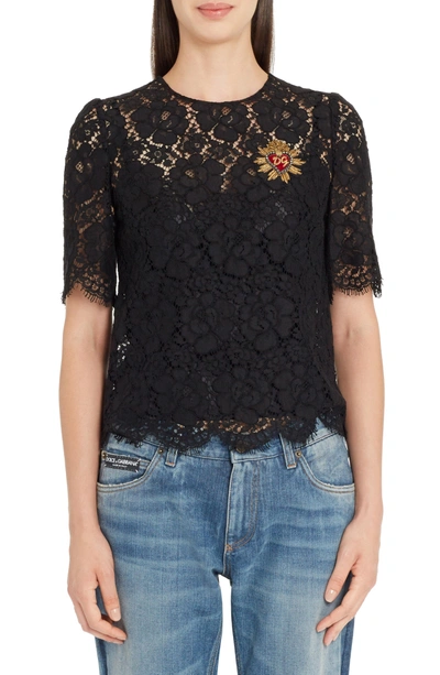 Dolce & Gabbana Short-sleeve Lace Blouse With Heart Applique In Black