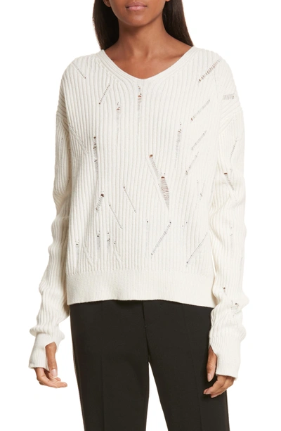 Helmut Lang V-neck Drop-needle Wool Sweater In Ivory