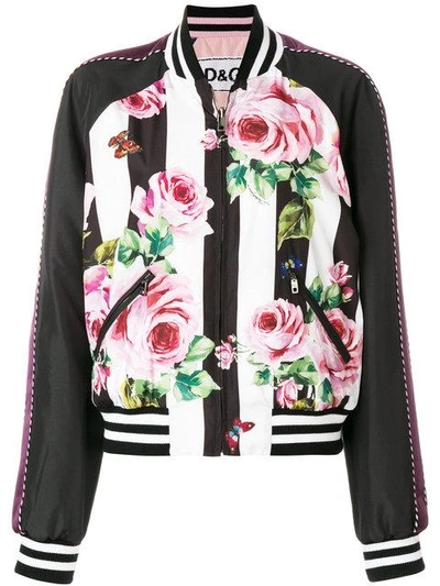 Dolce & Gabbana Striped Rose-print Reversible Bomber Jacket In Rose-blk