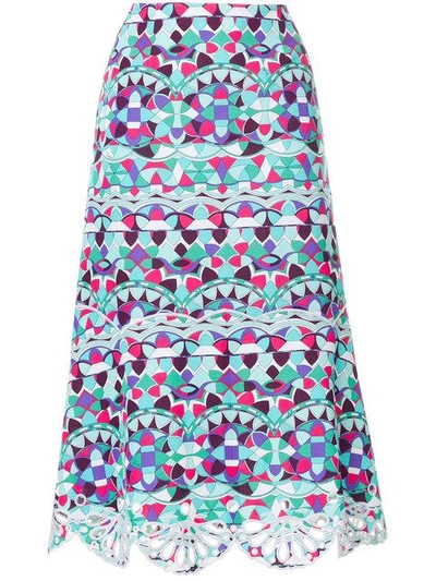 Emilio Pucci Broderie Anglaise-trimmed Printed Cotton-blend Midi Skirt In Multicolour