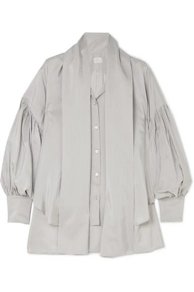 Hillier Bartley Pussy-bow Pinstriped Silk And Cotton-blend Shirt In Stone