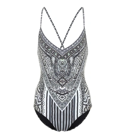 Camilla V-neck Printed One-piece Swimsuit With Beaded Embellishments In Tribal Theory