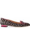 CHARLOTTE OLYMPIA WOMAN LEATHER-TRIMMED EMBROIDERED LEOPARD-PRINT SATIN BALLET FLATS CHOCOLATE,GB 4772211933223262