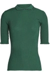 GANNI WOMAN RUFFLE-TRIMMED RIBBED-KNIT TOP GREEN,US 2526016083741095