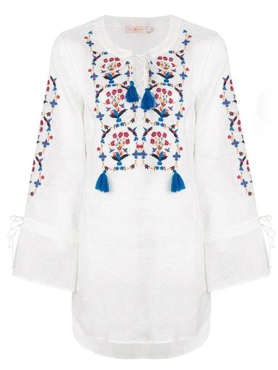 Tory Burch Wildflower Lace-front Embroidered Beach Tunic In White