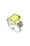 Lagos 18k Gold And Sterling Silver Caviar Color Medium Ring With Green Quartz In Green Quartz