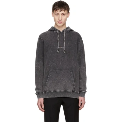 Saint Laurent Printed Logo Distressed Hoodie In Grey