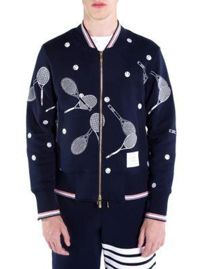 Thom Browne Embroidered Cotton-jersey Bomber Jacket - Navy