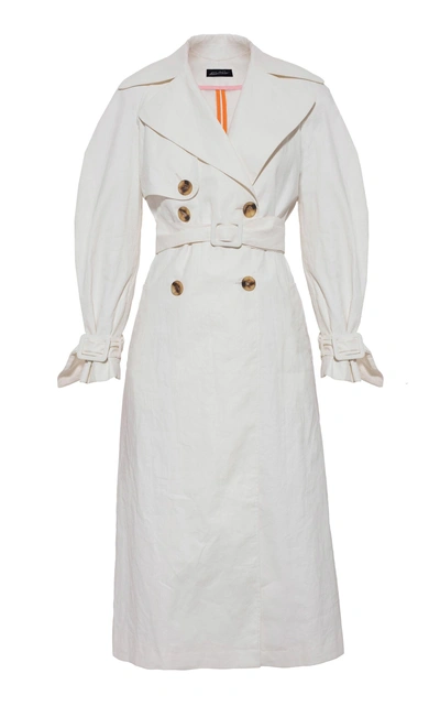 Anna October Double-breasted Coated Linen-blend Trench Coat In White
