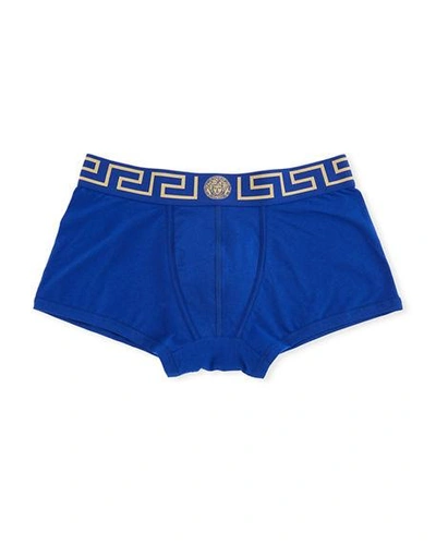 Versace Greca Border Long Boxer Trunks In Blue Pattern