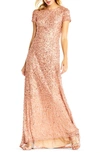 ADRIANNA PAPELL SHORT SLEEVE SEQUIN MESH GOWN,091874600