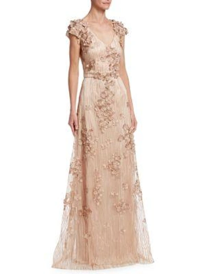 David Meister 3d Floral Embroidered Gown In Rose Gold