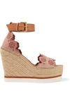 SEE BY CHLOÉ LEATHER AND EMBROIDERED SUEDE ESPADRILLE WEDGE SANDALS