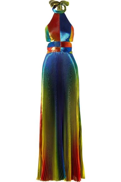 Rosie Assoulin Cutout Pleated Silk-blend Lamé Halterneck Gown In Rainbow
