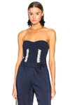 JONATHAN SIMKHAI JONATHAN SIMKHAI LACE UP STRETCH CREPE BODYSUIT IN BLUE,U2112 C