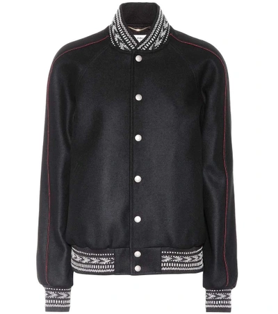 Saint Laurent Leather Sleeve Teddy Bomber Jacket In Black