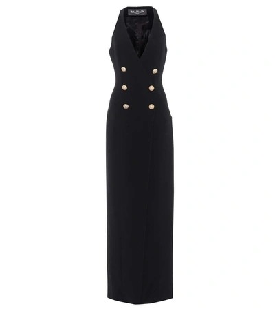 Balmain Double-breasted Deep V Crepe Evening Gown W/ Slit In Black