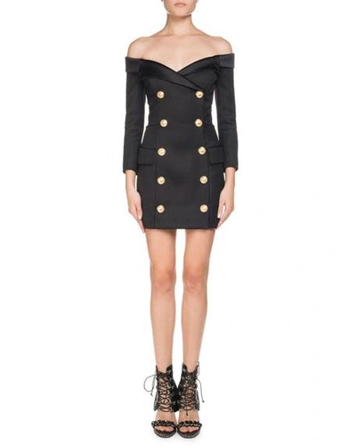Balmain Off-the-shoulder Double-breasted Fitted Mini Cocktail Dress In Black