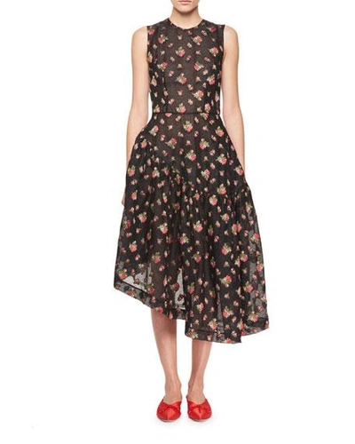 Simone Rocha Asymmetric Fil Coupé Organza Midi Dress In Black