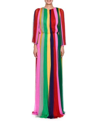 Dolce & Gabbana Long-sleeve Rainbow-striped Chiffon Gown In Multi Pattern