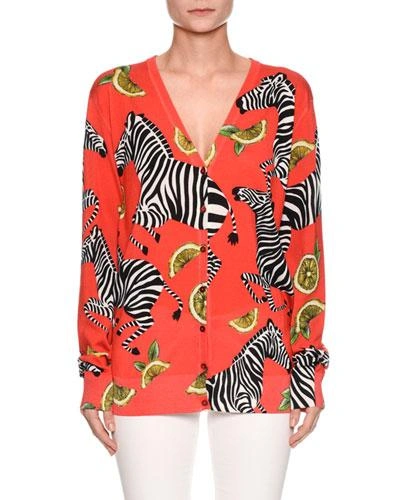 Dolce & Gabbana Zebra-lemon Print V-neck Button-front Silk Cardigan In Red Pattern
