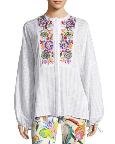 Etro Cotton Peasant Blouse With Multi Embroidery In White