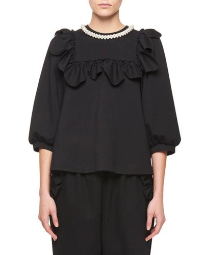 Simone Rocha Ruffled Faux Pearl-embellished Stretch-jersey Top In Black