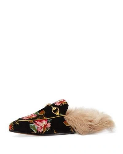 Gucci Princetown Horsebit-detailed Shearling-lined Floral-print Velvet Slippers In Black
