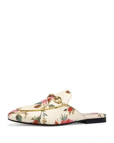 Gucci Princetown Rose Print Leather Slippers In White
