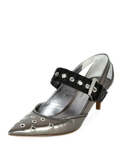 Bottega Veneta Point-toe Eyelet-embellished Leather Pumps In Gunmetal