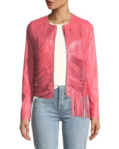 Nour Hammour Retrograde Leather Fitted Jacket With Draped Fringe In Pink