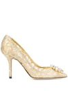 Dolce & Gabbana Lurex Lace Rainbow Pumps With Brooch Detailing In Gold