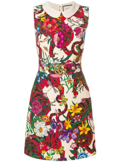 Gucci Flora Tiger Sleeveless Cady Dress W/ Gg Belt In Multicoloured