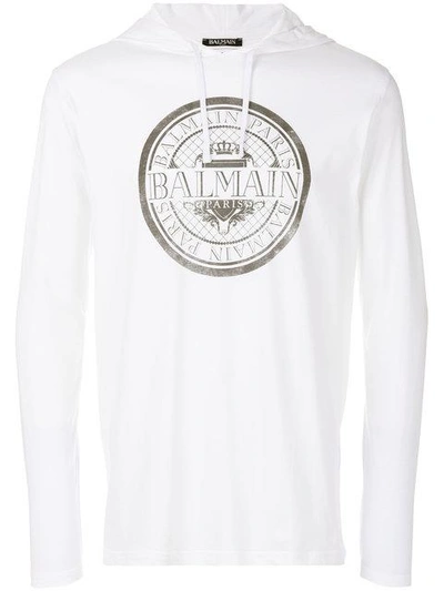 Balmain Logo-print Cotton-jersey Hooded Top In White