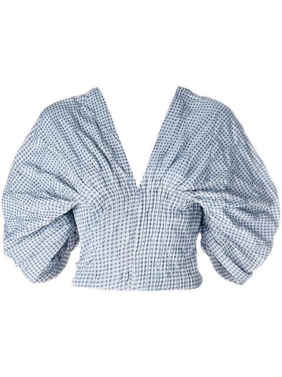 Jonathan Simkhai Smocked Gingham Dropped Sleeve Bustier Top In Blue