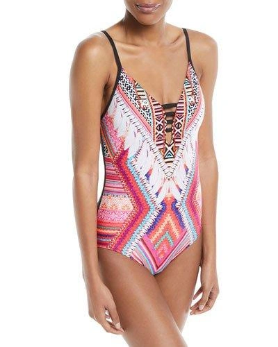 Seafolly Desert Tribe Deep V Maillot One-piece Swimsuit In Red