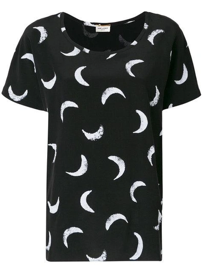 Saint Laurent Seiden-t-shirt Mit Mond-print In Noir Blanc