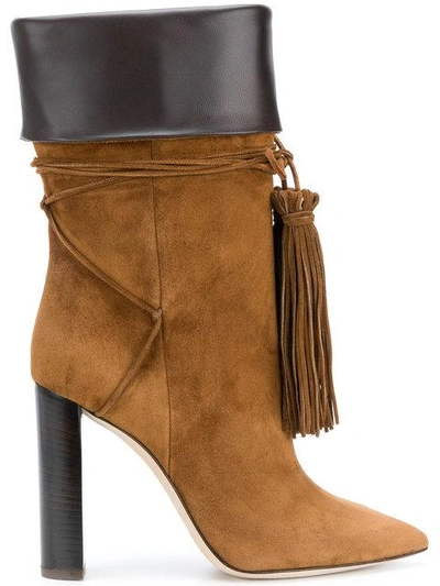 Saint Laurent Tanger Mixed Leather Tassel Boot In Brown