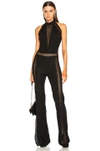 BALMAIN BALMAIN LATTICE TRIM HALTER JUMPSUIT IN BLACK