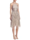 DAVID MEISTER Feather-Accented Halter Dress